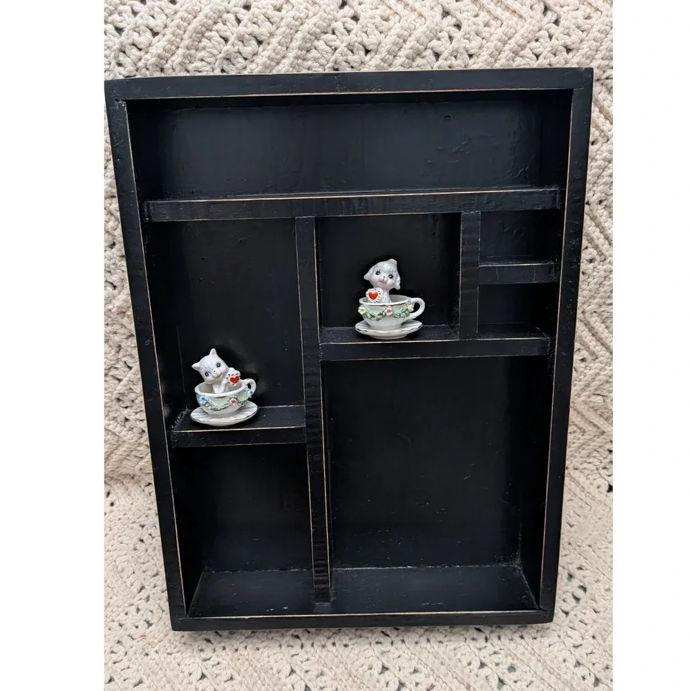 Vintage Black Wooden Shadow Box Wall Hanging Display Case 7 Compartment Trinket